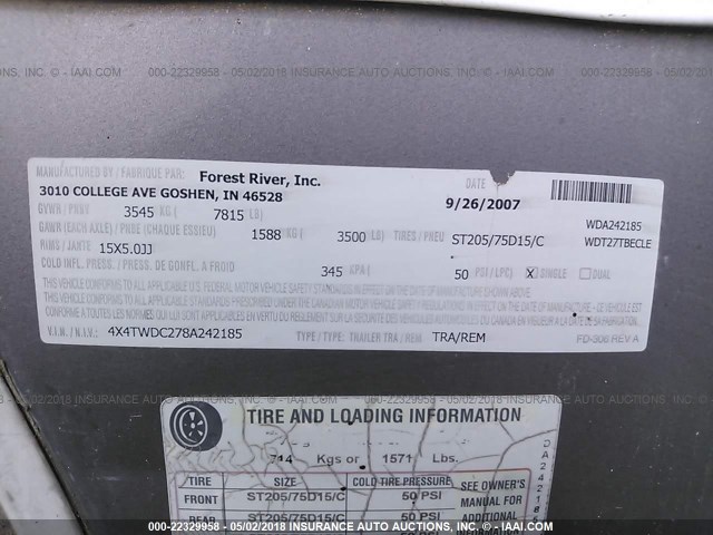 4X4TWDC278A242185 - 2008 FOREST RIVER WILDWOOD  白色 照片 9