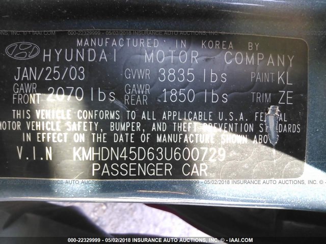 KMHDN45D63U600729 - 2003 HYUNDAI ELANTRA GLS/GT RED photo 9