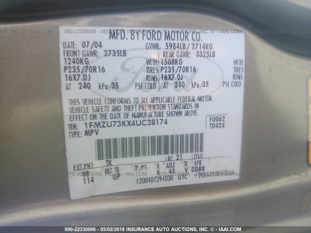 1FMZU73KX4UC38174 - 2004 FORD EXPLORER XLT/XLT SPORT/NBX GRAY photo 9