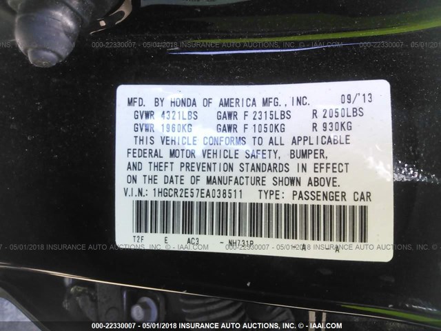 1HGCR2E57EA038511 - 2014 HONDA ACCORD SPORT 黑色 照片 9