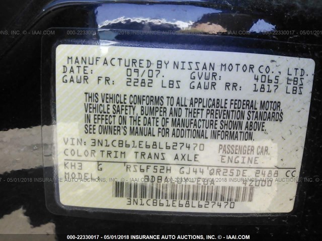 3N1CB61E68L627470 - 2008 NISSAN SENTRA SE-R SPEC V BLACK photo 9