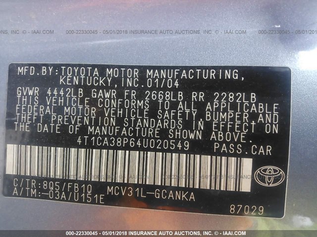 4T1CA38P64U020549 - 2004 TOYOTA CAMRY SOLARA SE/SLE ღია ლურჯი ფოტო 9