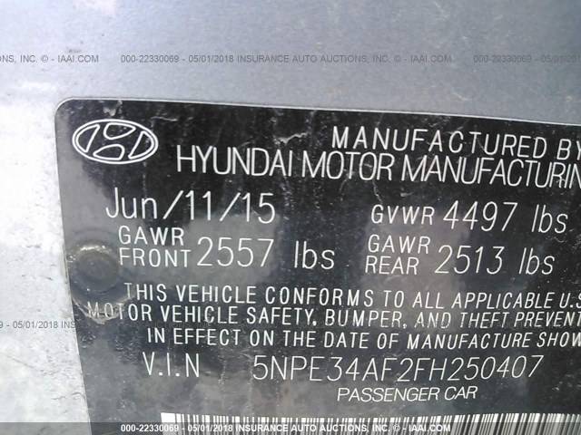 5NPE34AF2FH250407 - 2015 HYUNDAI SONATA SPORT/LIMITED SILVER photo 9