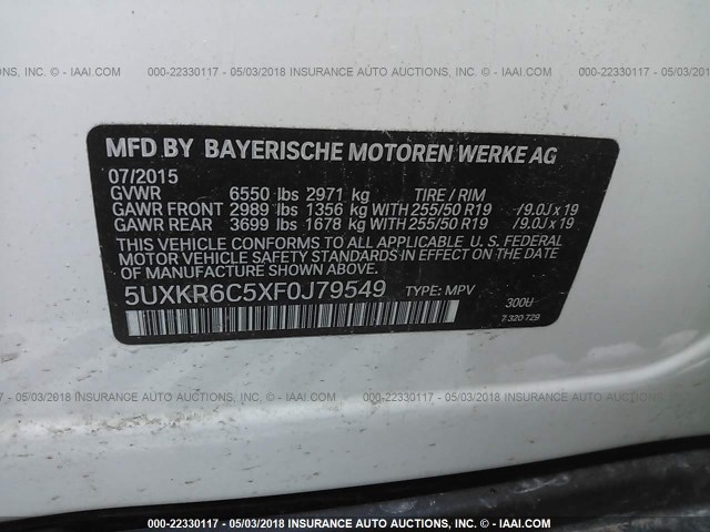 5UXKR6C5XF0J79549 - 2015 BMW X5 XDRIVE50I WHITE photo 9