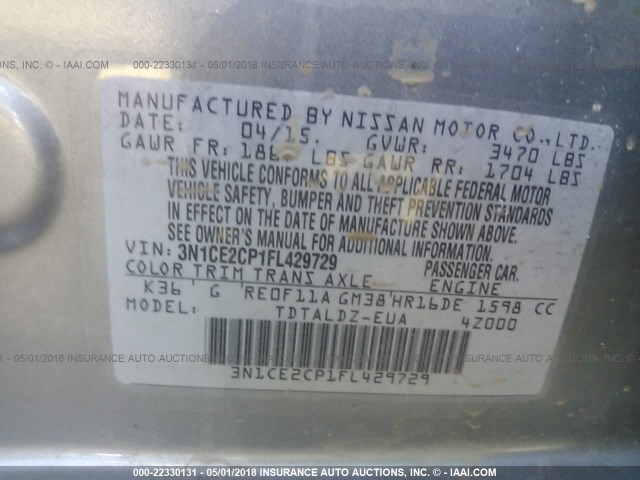 3N1CE2CP1FL429729 - 2015 NISSAN VERSA NOTE S/S PLUS/SV/SL/SR GRAY photo 9