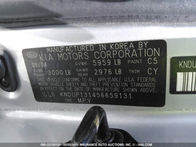 KNDUP131456659131 - 2005 KIA SEDONA EX/LX SILVER photo 9