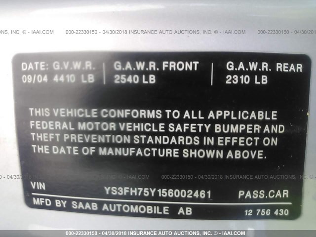 YS3FH75Y156002461 - 2005 SAAB 9-3 AERO SILVER photo 9