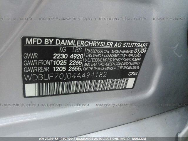 WDBUF70J04A494182 - 2004 MERCEDES-BENZ E 500 SILVER photo 9