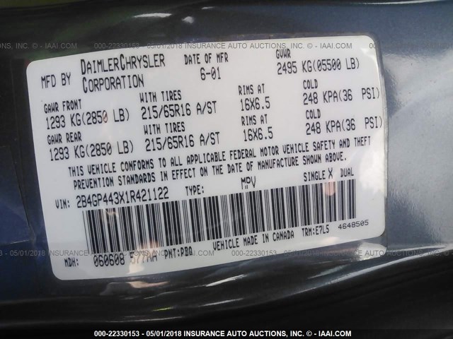 2B4GP443X1R421122 - 2001 DODGE GRAND CARAVAN SPORT BLUE photo 9