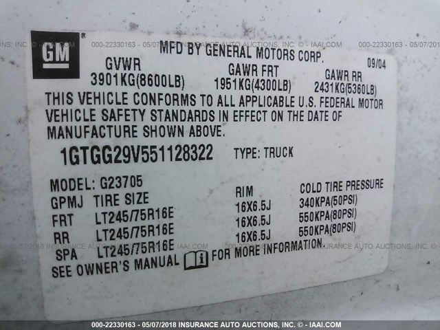 1GTGG29V551128322 - 2005 GMC SAVANA G2500 WHITE photo 9