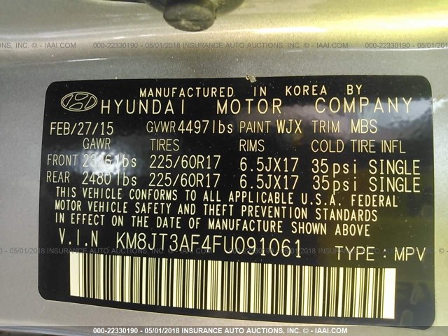 KM8JT3AF4FU091061 - 2015 HYUNDAI TUCSON GLS SILVER photo 9