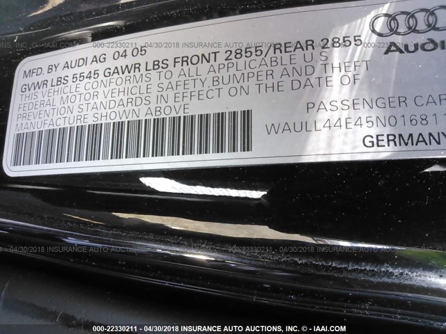 WAULL44E45N016811 - 2005 AUDI A8 4.2 QUATTRO BLACK photo 9