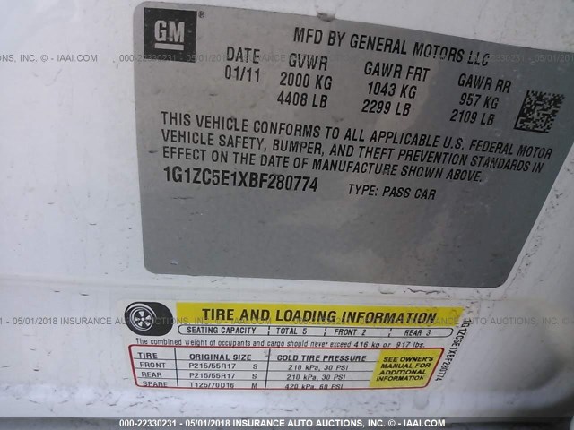 1G1ZC5E1XBF280774 - 2011 CHEVROLET MALIBU 1LT 白色 照片 9