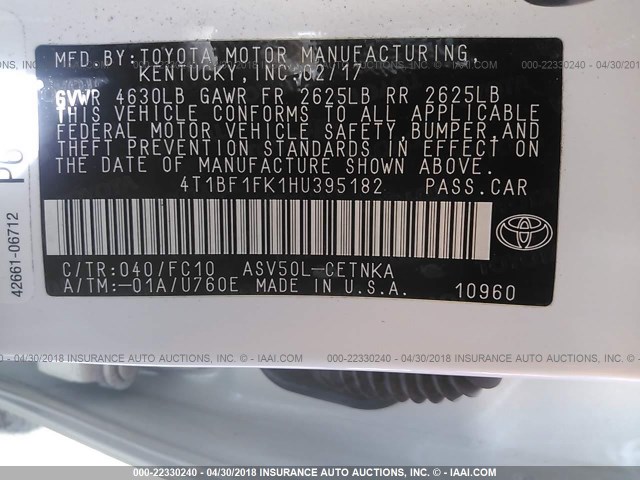 4T1BF1FK1HU395182 - 2017 TOYOTA CAMRY LE/XLE/SE/XSE თეთრი ფოტო 9