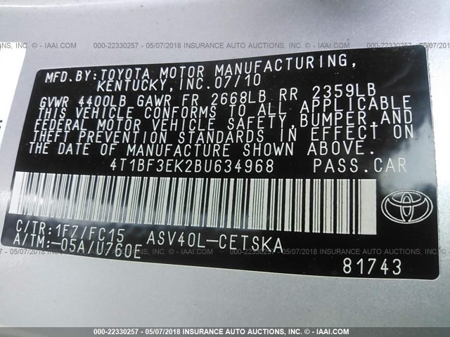 4T1BF3EK2BU634968 - 2011 TOYOTA CAMRY SE/LE/XLE ნაცრისფერი ფოტო 9