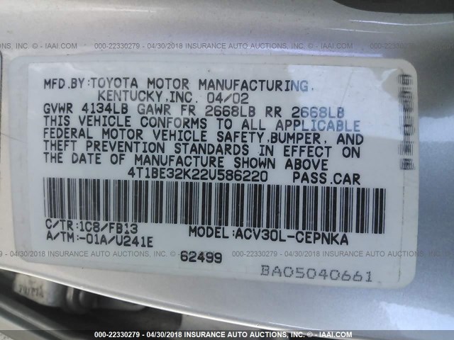 4T1BE32K22U586220 - 2002 TOYOTA CAMRY LE/XLE/SE ვერცხლისფერი ფოტო 9