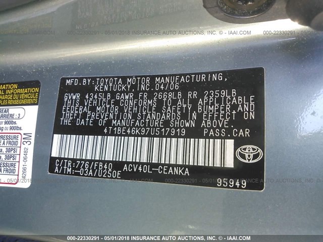 4T1BE46K97U517919 - 2007 TOYOTA CAMRY NEW GENERAT CE/LE/XLE/SE GREEN photo 9