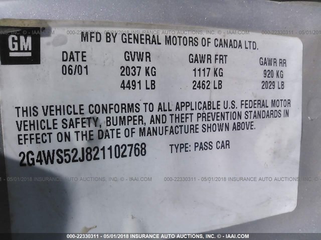 2G4WS52J821102768 - 2002 BUICK CENTURY CUSTOM SILVER photo 9