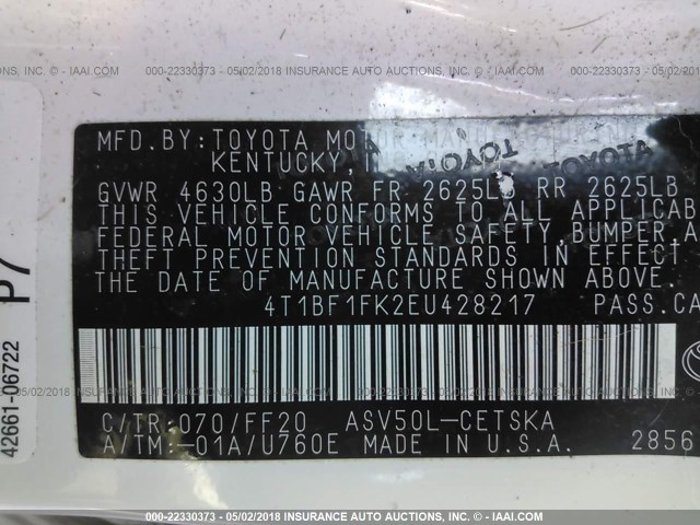 4T1BF1FK2EU428217 - 2014 TOYOTA CAMRY L/SE/LE/XLE 白色 照片 9