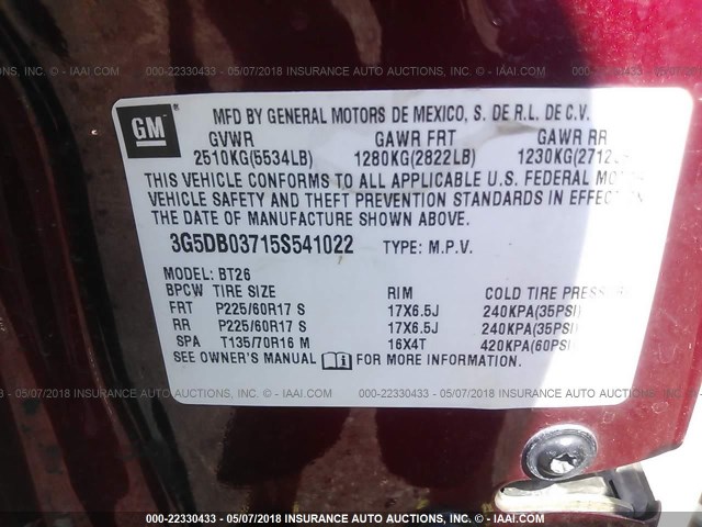 3G5DB03715S541022 - 2005 BUICK RENDEZVOUS CX/CXL MAROON photo 9