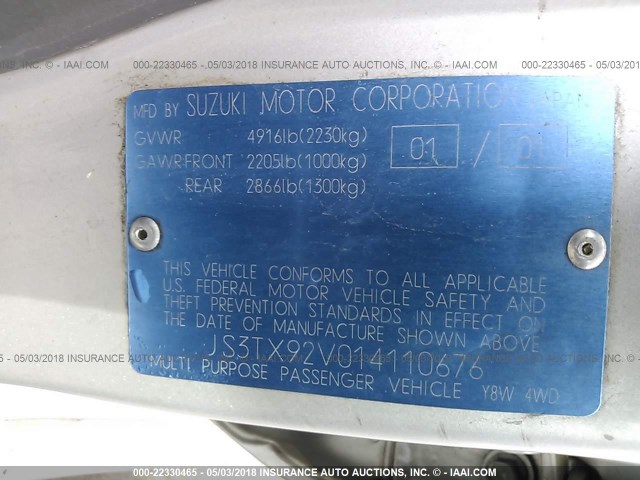 JS3TX92V014110676 - 2001 SUZUKI GRAND VITARA XL7 TOURING/XL7 LIMITED SILVER photo 9