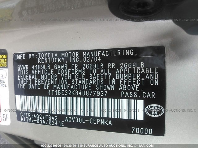 4T1BE32K84U877937 - 2004 TOYOTA CAMRY LE/XLE/SE TAN photo 9