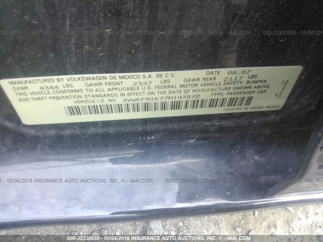 3VWEF81K77M197272 - 2007 VOLKSWAGEN JETTA WOLFSBURG 黑色 照片 9