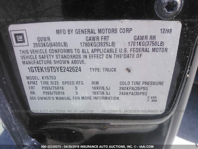 1GTEK19T5YE242624 - 2000 GMC NEW SIERRA K1500 BLACK photo 9