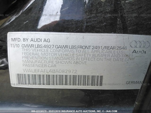 WAUFFAFL4BA082972 - 2011 AUDI A4 PREMIUM PLUS BLACK photo 9