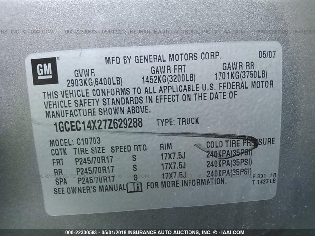 1GCEC14X27Z629288 - 2007 CHEVROLET SILVERADO C1500 CLASSIC GRAY photo 9