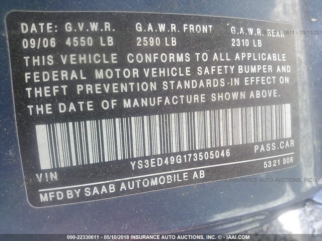 YS3ED49G173505046 - 2007 SAAB 9-5 2.3T BLUE photo 9