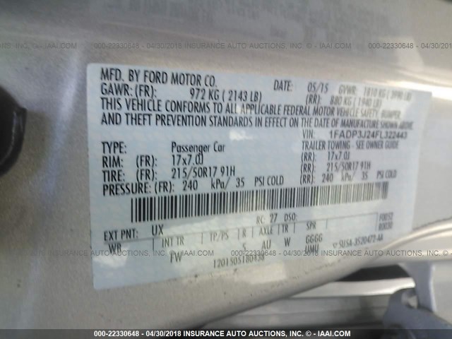 1FADP3J24FL322443 - 2015 FORD FOCUS TITANIUM SILVER photo 9