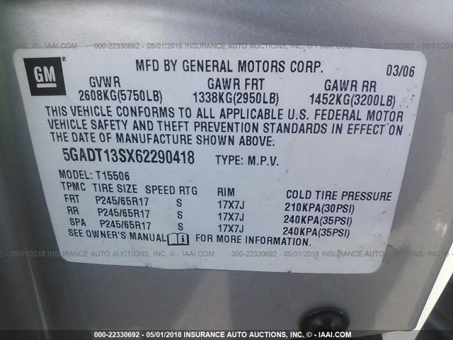 5GADT13SX62290418 - 2006 BUICK RAINIER CXL SILVER photo 9