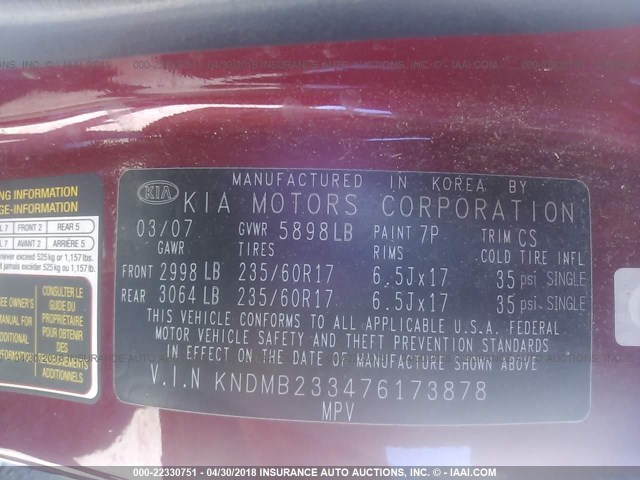 KNDMB233476173878 - 2007 KIA SEDONA EX/LX RED photo 9