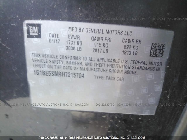 1G1BE5SM9H7215704 - 2017 CHEVROLET CRUZE LT GRAY photo 9