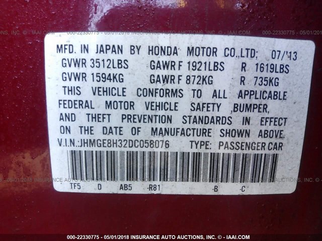 JHMGE8H32DC058076 - 2013 HONDA FIT RED photo 9