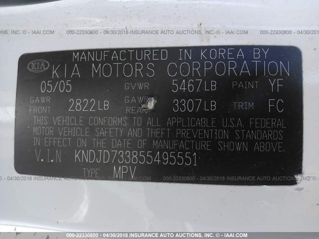 KNDJD733855495551 - 2005 KIA SORENTO EX/LX WHITE photo 9