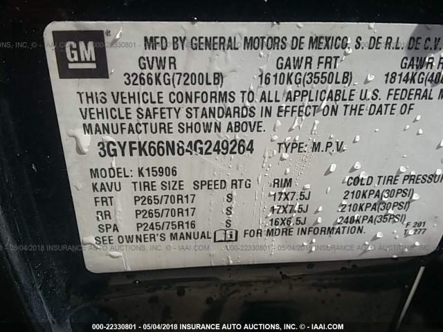 3GYFK66N84G249264 - 2004 CADILLAC ESCALADE ESV BLACK photo 9