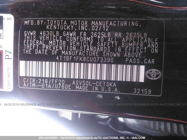 4T1BF1FK8CU073390 - 2012 TOYOTA CAMRY SE/LE/XLE BLACK photo 9