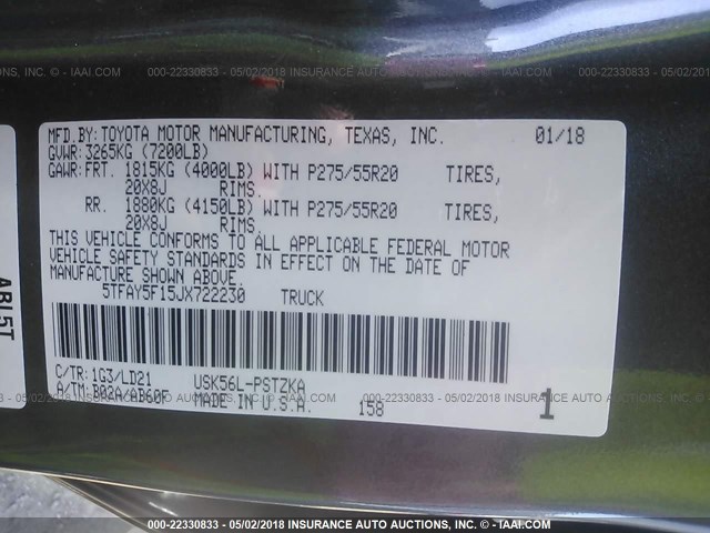 5TFAY5F15JX722230 - 2018 TOYOTA TUNDRA CREWMAX 1794/PLATINUM 灰色 照片 9