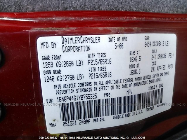 1B4GP44G1YB755325 - 2000 DODGE GRAND CARAVAN SE/SPORT RED photo 9