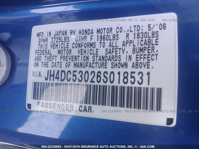 JH4DC53026S018531 - 2006 ACURA RSX TYPE-S BLUE photo 9