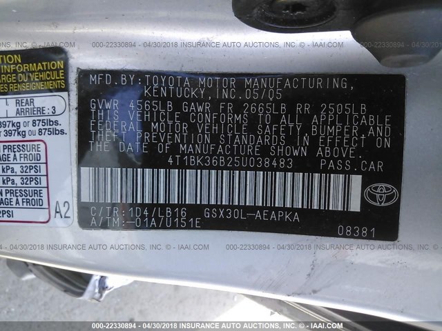 4T1BK36B25U038483 - 2005 TOYOTA AVALON XL/XLS/TOURING/LIMITED SILVER photo 9