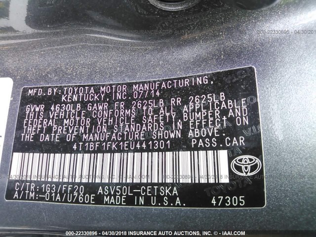 4T1BF1FK1EU441301 - 2014 TOYOTA CAMRY L/SE/LE/XLE GRAY photo 9