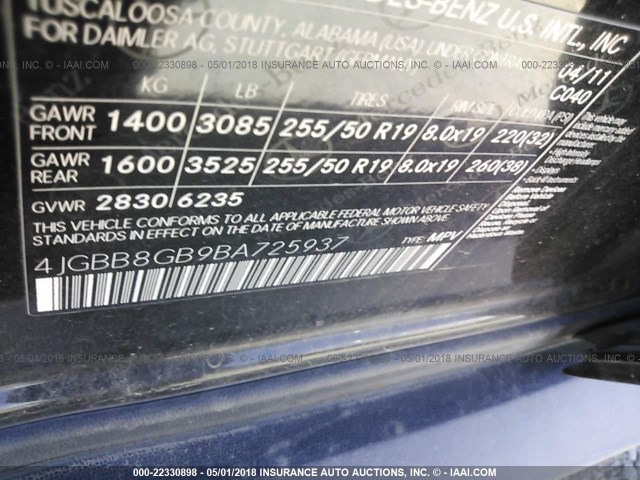 4JGBB8GB9BA725937 - 2011 MERCEDES-BENZ ML 350 4MATIC BLACK photo 9