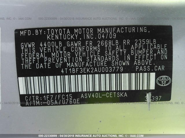 4T1BF3EK2AU003779 - 2010 TOYOTA CAMRY SE/LE/XLE SILVER photo 9