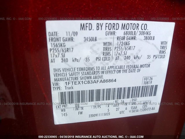 1FTEX1C83AFA86864 - 2010 FORD F150 SUPER CAB RED photo 9