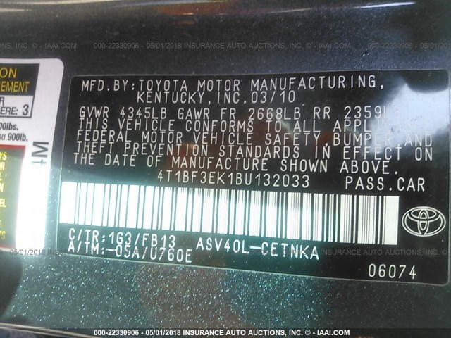 4T1BF3EK1BU132033 - 2011 TOYOTA CAMRY SE/LE/XLE 灰色 照片 9