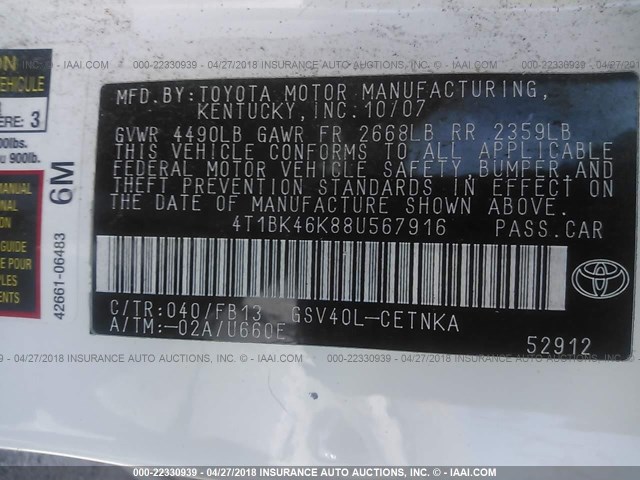 4T1BK46K88U567916 - 2008 TOYOTA CAMRY LE/XLE/SE თეთრი ფოტო 9