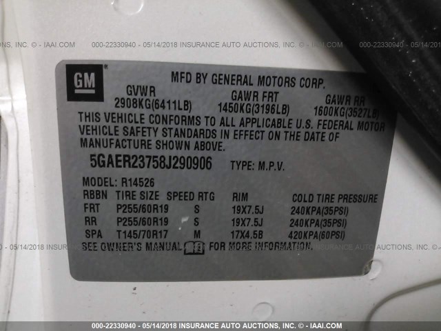 5GAER23758J290906 - 2008 BUICK ENCLAVE CXL 白色 照片 9